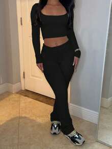 Onicee 女士夏季加大码黑色方领褶皱长袖上衣和裤子套装，适合狂欢节、约会、聚会、派对、旅行、度假、海滩等场合。 - 黑色 - 查看 4