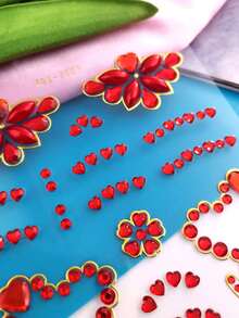 1张浪漫红色爱心花朵闪亮水钻DIY面部贴片，自粘式面部宝石，适用于情人节约会、婚礼妆容和浪漫派对，可重复使用，闪亮面部水钻，适合女性和DIY美妆爱好者。 - 彩色 - 查看 6