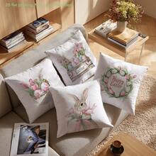 4个单面印花复活节粉色郁金香、复活节彩蛋、兔子图案枕套，尺寸分别为17.7*17.7英寸（45*45厘米）、19.69*19.69英寸（50*50厘米）和15.75*15.75英寸（40*40厘米），适用于日常使用、家居装饰、客厅沙发、卧室、汽车等场所。[不含枕芯] - 彩色 - 查看 6