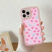 1pc Fashionable Wavy Irregular Protective Phone Case With Heart Pattern, Compatible With IPhone 17 Air/17 Pro/17 Pro Max/17/16e/16/15/14/13/12/11/X/XR/8/7, Galaxy A14/A15/A54/S24/S24 Ultra Series - Pink - View 3