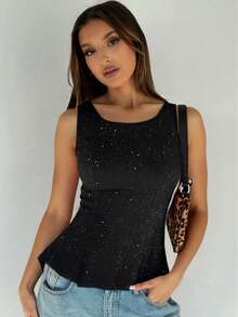 1 Peça Regata Feminina Elegante de Malha Brilhante com Babado, Adequada para Uso Diário, Verão, Praia, Férias, Casa - Preto - Visão 3