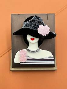 1 st handgjord akryl tecknad kvinna med hatt brosch, kreativ personlig modeaccessoar nålmärke - flicka - Visa 6