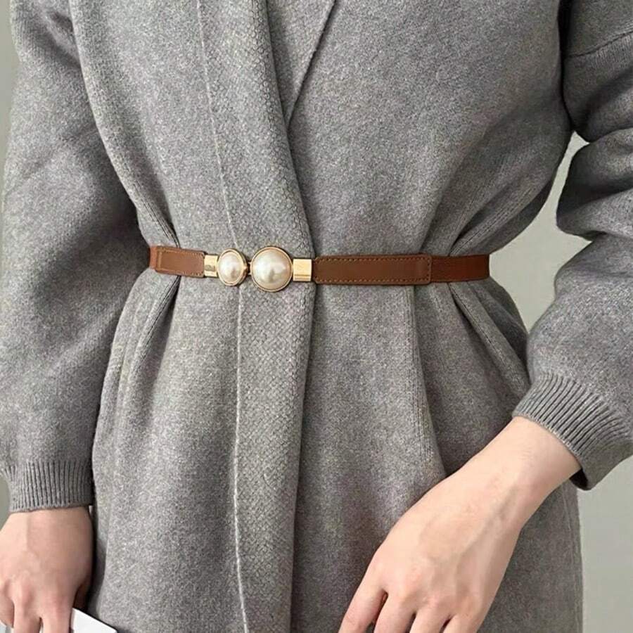 1pc Solid Color Pearl Waist Belt, 2025 New High-End Dress, Jeans Waist Cincher, Elastic Stretch Leather Belt Decor, Multi-Purpose Waist Belt For Casual Wear - Coffee - View 1