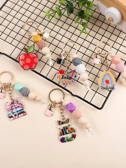 1 pieza Llavero con tema de maestro de bloques de color enérgico con elementos de libro y manzana, regalo para estudiantes y maestros