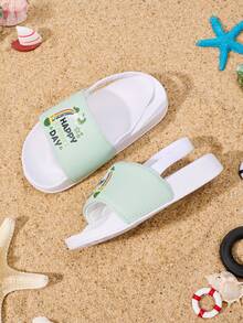 1 Pair Girls Cute Funny Letter Print Casual Flat Open Toe Sandals With Heel Strap, Suitable For Summer