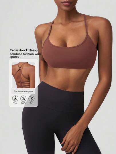 Sodalemon Women's Yoga Racerback Sports Bra With Elastic Padding, Criss-Cross Back Design, Activewear Workout Bra
