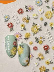 花朵美甲贴纸 - 1张5D立体浮雕，春夏雏菊图案，自粘式贴纸，适用于女士美甲DIY装饰，美甲用品 - 彩色 - 查看 4