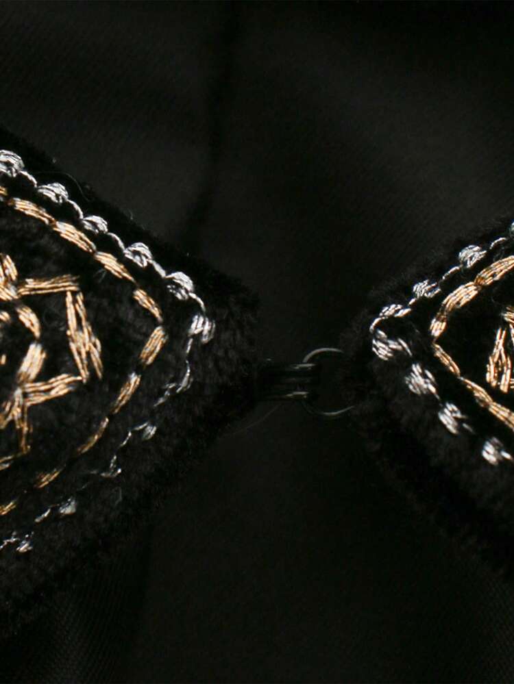 Vintage Embroidered Velvet Jacket, Spring/Autumn Black - Black - View 5