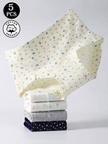 5pcs/Pack Women's Cotton Panties With Floral, Bow, Cute Design, Mid-Waist, Full Coverage, Seamless - Multicolor - View 3