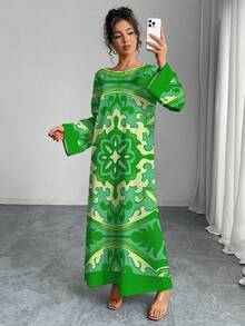 Solessence 中东风情女士长袍，圆领，撞色花卉印花，宽松长袖荷叶边袖口，优雅，充满度假气息，适合假日、秋冬季节、休闲长裙、晚礼服等场合。 - 綠色 - 查看 4