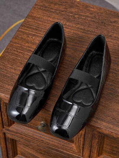 女士时尚方头黑色套脚鞋，休闲办公百搭鞋，适合春夏户外活动，高品质优雅玛丽珍芭蕾平底鞋