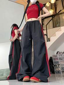 Women's Black Polyester Parachute Pants With Drawstring, Decorated With Red Stripes, Non-Stretch Fabric Spring - Black - View 3