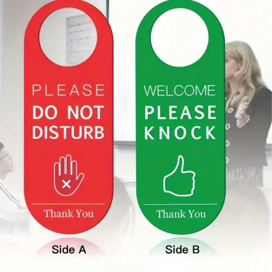2个双面可翻转的“请勿打扰”/“欢迎”标牌，耐用PVC材质，适用于家庭、办公室、酒店，易于安装在各种门把手上，双面印刷。 - 彩色 - 查看 1