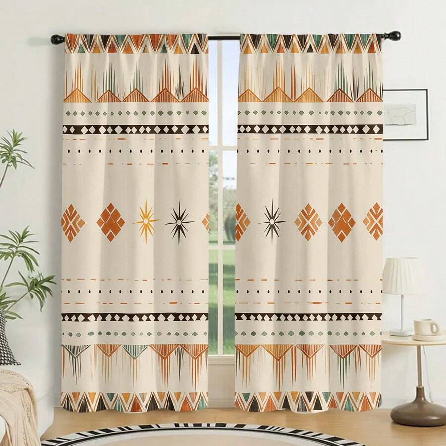2pcs Geometric Art Printed Semi-Sheer Curtains, Easy Hanging Rod Pocket Design, Suitable For Living Room/Bedroom/Office - Multicolor - View 1