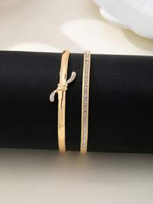 2pcs Vintage French Rhinestone Bow Bangle Bracelet Set, For Women, Suitable For Valentine's Day, Daily Wear, And Dates - Yellow Gold - View 4