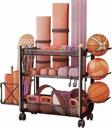 Estante para Mancuernas Extraíble con Ganchos y Ruedas Organizador de Almacenaje Tapete Yoga Multifuncional Estante de Equipo para Colchoneta Deportivo Pesas de Gimnasio Bola de Espuma en Casa - Rosa Oxidada - Ver 1