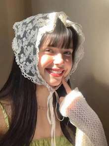 白色针织花卉网纱围巾/发带/腰带套装，适合女士度假装扮，包括蕾丝吊带背心腰带、带蕾丝边的弹力腰带、优雅的春夏蕾丝荷叶边半身裙，随机花卉图案 - 彩色 - 查看 5