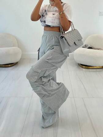 女士时尚宽松直筒多口袋纯色休闲简约通勤裤