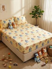 Bluey 1件装布鲁伊主题床笠，床上用品，床垫保护套，床罩，床单，舒适家纺，透气防起球床垫保护套，布鲁伊小爱心主题，卡通床罩，家居装饰，卧室宿舍装饰床罩，适用于所有尺寸的床 - 单人床、双人床、大号床、特大号床，四季皆宜，可机洗，防尘防滑，不含枕头和枕套，完美的节日礼物，房间装饰 - 彩色 - 查看 2