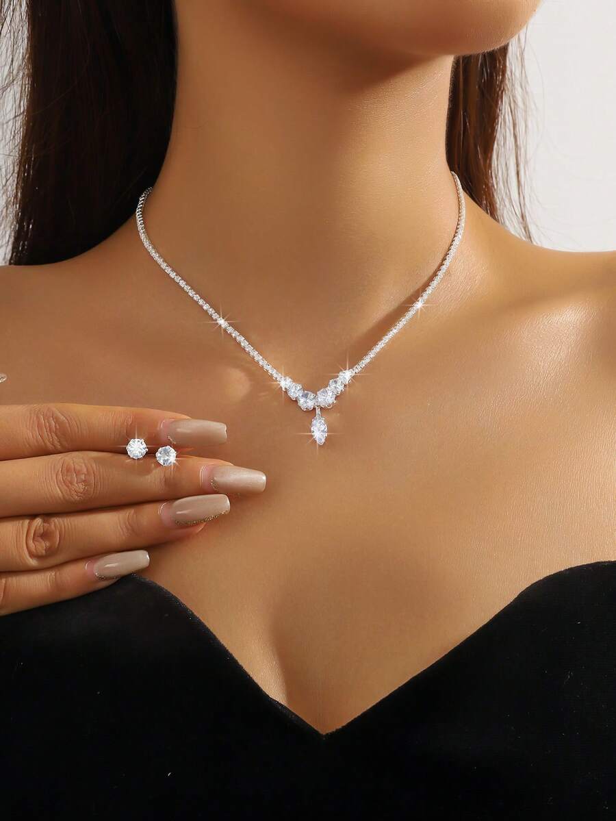 3pcs/Set Cubic Zirconia Necklace & Earrings Set, Elegant Lady Style Versatile High-End Jewelry Gift Suitable For Wedding, Party, Music Festival, Holiday - Silver - View 1