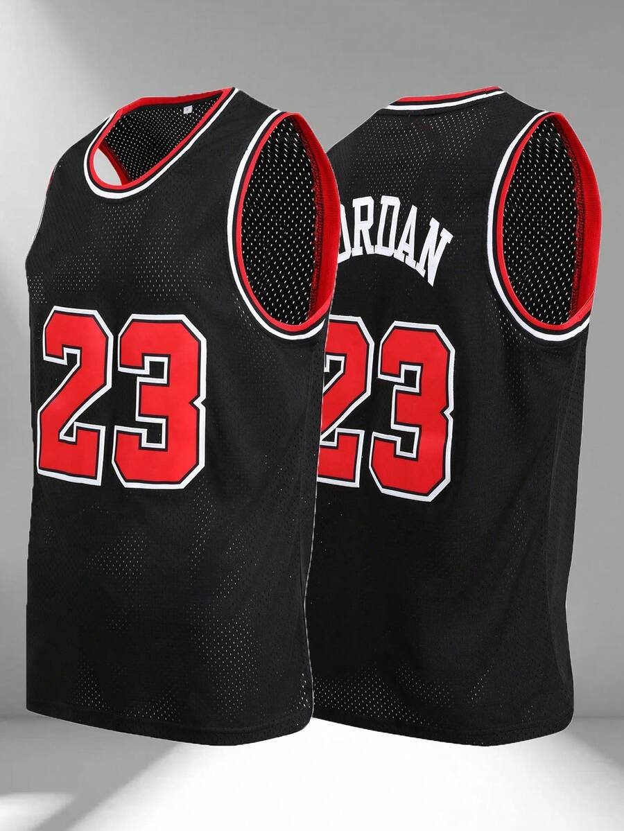 قميص كرة السلة للرجال مطرز، رقم 23، تي شيرت أسود كاجوال بياقة على شكل حرف V بدون أكمام، سترة رياضية للحفلات - الأسود - مشاهدة 1