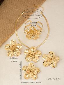 5pcs/Set Fashionable, Exquisite & Elegant Metal Flower Pendant Necklace, Earrings, Ring & Bangle Set Suitable For Women To Wear On Evening Parties, Gatherings, Holidays, And To Give As Gifts For Festivals Valentines,Mom,Mother,Mother's Day,Gift - Yellow Gold - View 5
