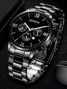 男士休闲商务石英表三件套 - 时尚圆形表盘，日期显示，合金表壳和不锈钢表带 - 完美的男士节日礼物 - 彩色 - 查看 5