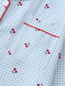 2pcs Plaid Cherry Print Pajama Set, Sweet & Cute Lapel Button Long Sleeve Top And Pants, Suitable For Women Home Wear, Autumn/Winter - Blue - View 4