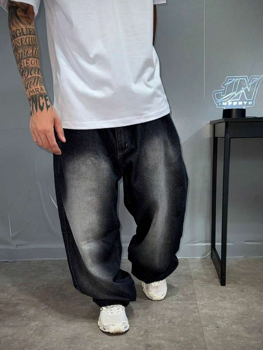 Dazzling Black Wide-Leg Balloon/Baggy Jeans - Sportlife Jeans - 黑與白 - 查看 1