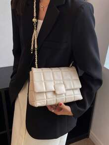 Fashionable Rhombus Pattern Shoulder Bag, Chain Strap Crossbody Square Bag For Women - Beige - View 2