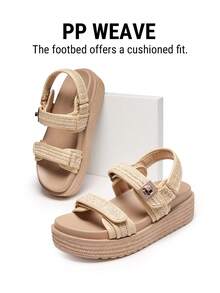 Women's Arch Support 1.61-Inch Platform Wedge Sandals Comfortable Open Toe Casual Dressy With Adjustable Straps PP Straw Shoe Upper For Beach Vocation Flat Summer Apricot Sandals - Màu be - Xem 4