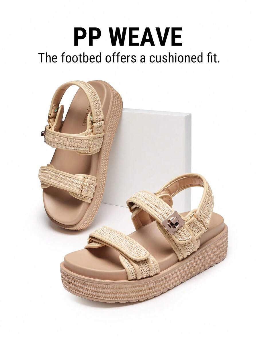 Women's Arch Support 1.61-Inch Platform Wedge Sandals Comfortable Open Toe Casual Dressy With Adjustable Straps PP Straw Shoe Upper For Beach Vocation Flat Summer Apricot Sandals - 杏色 - 查看 1