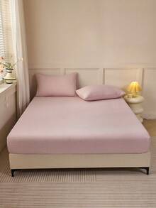 2/3件套淡粉色心形条纹床笠套装（1件床笠+1/2个枕套），甜美风格床垫保护套，床垫罩，床单套装，柔软透气，适用于各种尺寸的床——单人床、双人床、特大号床、大号床，床笠深度可达11.8英寸，家用纺织品 - 藕粉色 - 查看 4