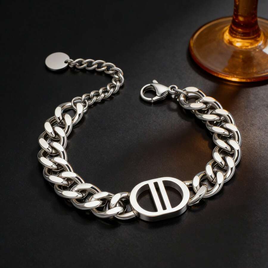 2件套不锈钢粗链手链，男女皆宜的时尚双D扣手镯，适合日常佩戴、休闲、派对叠戴、嘻哈风、啤酒节、情人节、生日礼物 - 鋼珠釘子手鐲 - 查看 1