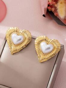 1 Pair Fashionable Heart Inlaid Stud Earrings, Suitable For Women's Party, Gathering, Daily Wear, Versatile, Gift