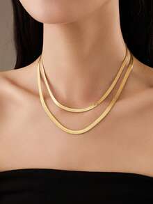 1条不锈钢（医用钢）扁平蛇骨链，适合日常佩戴，蛇形项链，人字纹项链 - 金色 - 查看 3