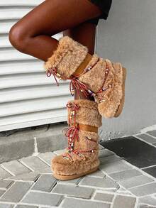 Faux Fur Boots For Women Winter Snow Boots Platform Lace Up Round Toe Boots Warm Snow Shoes Fluffy Winter Boots - 駝色 - 查看 3