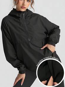 Plus Size Women's Outdoor Jacket, Plus Size Zip-Up Sports Hoodie, Fashion Sporty Jacket, Pullover Sweatshirt With Hood And Half Zip, Multi-Pocket Design, Deconstructed Functional Style For Running, Hiking, Outdoor Activities, Loose Fit - Black - View 5