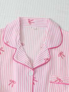2pcs Striped Bow Print Pajama Set, Sweet & Cute Lapel Button Long Sleeve Top And Pants, Suitable For Home Wear, Autumn/Winter - Pink - View 3