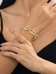 2pcs Fashionable Geometric Cutout Oval Bangle & Ring Set, Suitable For Women's Daily And Party Wear - Gold - View 7