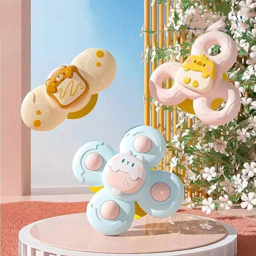 3Pcs Interactive Baby Suction Cup Spinner Toy With Rattle, Educational Spinning Tops Toddler Bath Toy, High Chair Toy, Finger Exercises, Birthday Gift For Infants Boys Girls - Multicolor - View 1