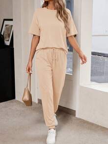 Women's Two-Piece Suit Short-Sleeved Pullover With Drawstring Trousers Sportswear Casual Jogging Suit - Màu be - Xem 1