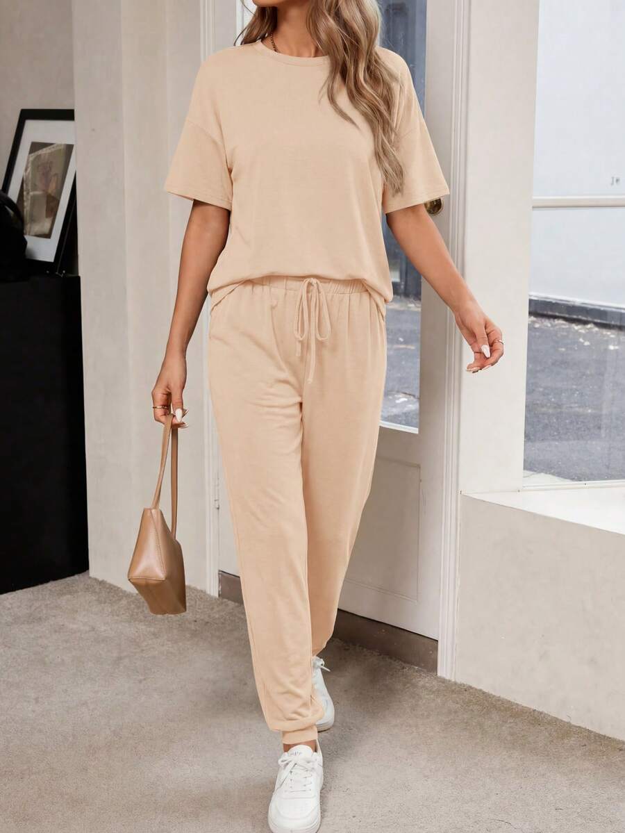 Women's Two-Piece Suit Short-Sleeved Pullover With Drawstring Trousers Sportswear Casual Jogging Suit - Màu be - Xem 1