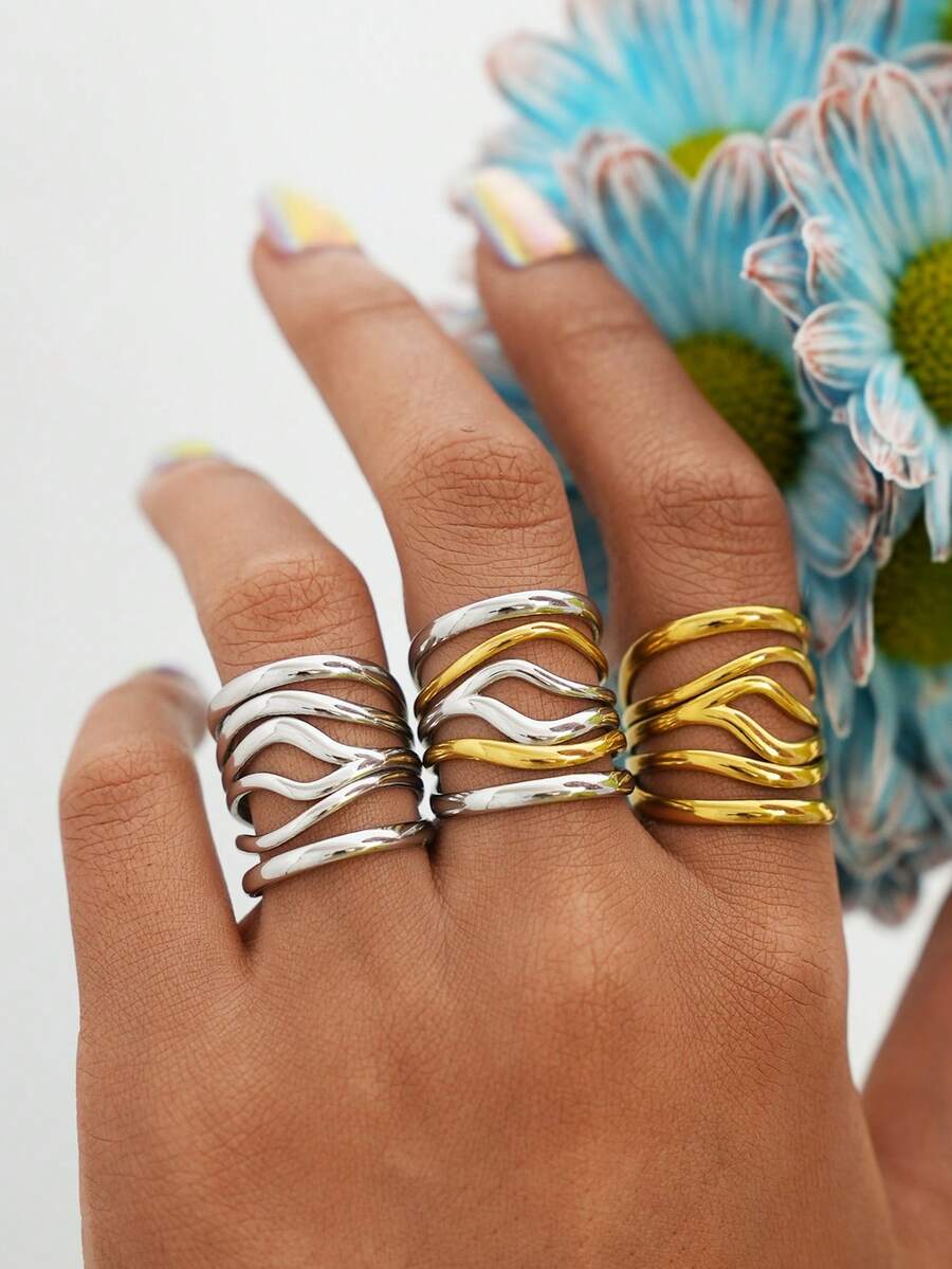 Frminee 3pcs/1pc Women's Line Geometric Gold Stainless Steel Ring Jewelry, Thick Personalized Minimalist Style, Suitable For Daily Wear, - Multicolor - View 1