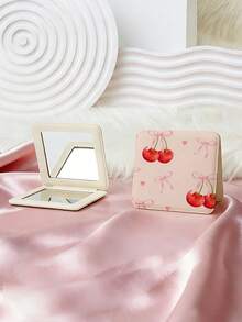 1pc Y2K Aesthetic Vanity Mirror, Foldable Lightweight Compact Handheld Mirror, PU Leather, Bowknot, Cherry Blossom, Lip Print, Heart, Letter Design, 180° Flip Cover, Multi-Functional - Multicolor - View 13