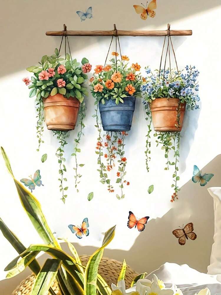 1 pieza Pegatina floral en maceta - Primavera, 3 Pinturas decorativas de flores en cubos, PVC, Autoadhesivo sin necesidad de pegamento, Adecuado para superficies de vidrio, decoración de sala de estar, dormitorio, baño, decoración del hogar - Multicolor - Añade 3