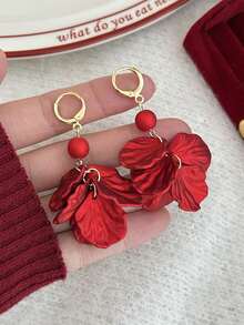 一对轻盈奢华的优雅红色花瓣耳环，新款中国风时尚几何高端耳环，适合婚礼和正式场合，珠宝礼品 - 彩色 - 查看 5