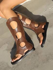 Women's New Hollow Out Flat Sandals, Peep Toe Front Zipper Fashion Boots - Brown - View 5