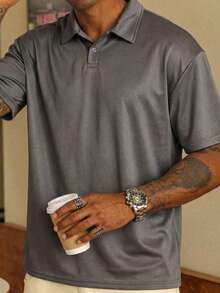 1pc Men's Dark Grey Polo Shirt, Single Button Collar Design, Soft Fleece Fabric, Casual Style, Slim Fit, Suitable For Commuting And Weekend Gatherings - Dark Grey - View 3