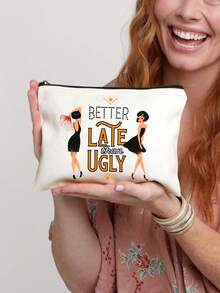 “迟到总比不到好”化妆品和洗漱用品收纳包 - 红色和金色复古少女设计，带有标语，轻便可折叠拉链包，化妆品和洗漱用品收纳包，拉链化妆包，轻便零钱包，洗漱包，储物袋，旅行配件，购物佳品，用途广泛，适合旅行，送给女友、妻子、闺蜜的可爱礼物，情人节和斋月礼物 - 彩色 - 查看 14